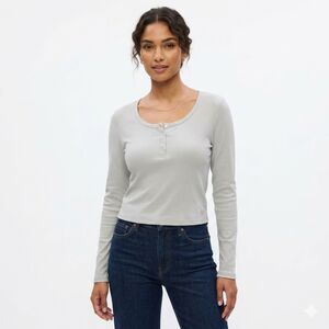 GapBody Ribbed Henley Crop Top Women L Long Sleeve Scoop Neck Soft Stretch